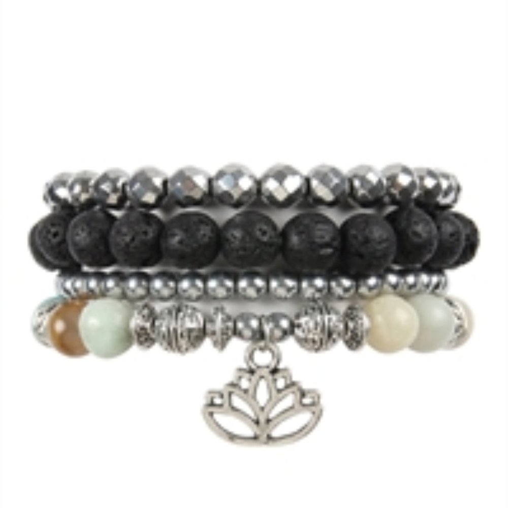 AMAZONITE LOTUS CHARM STACK BRACELET